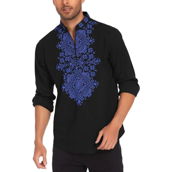 ❤️Men's Black Shirt Long Sleeve Floral Print Casual Cotton Beach Hippie T Shirt - Picture 1 of 9